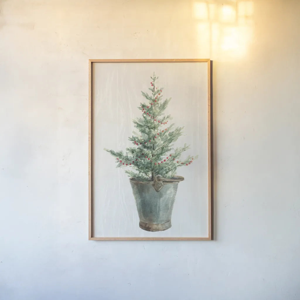 White and Bright Christmas Tree I by Danhui Nai. shown as a paper print in a natural frame. Available as a archival giclee rolled canvas, fine art paper, or poster print. SKU 65632h.