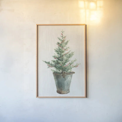 White and Bright Christmas Tree I by Danhui Nai. shown as a paper print in a natural frame. Available as a archival giclee rolled canvas, fine art paper, or poster print. SKU 65632h.