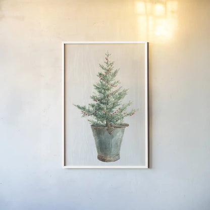 White and Bright Christmas Tree I by Danhui Nai. shown as a paper print in a white frame. Available as a archival giclee rolled canvas, fine art paper, or poster print. SKU 65632h.
