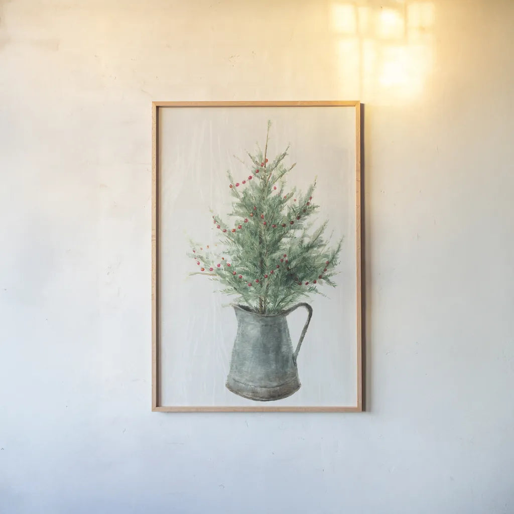 White and Bright Christmas Tree II by Danhui Nai. shown as a paper print in a natural frame. Available as a archival giclee rolled canvas, fine art paper, or poster print. SKU 65633h.