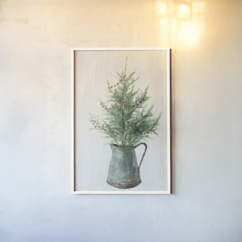 White and Bright Christmas Tree II by Danhui Nai. shown as a paper print in a white frame. Available as a archival giclee rolled canvas, fine art paper, or poster print. SKU 65633h.