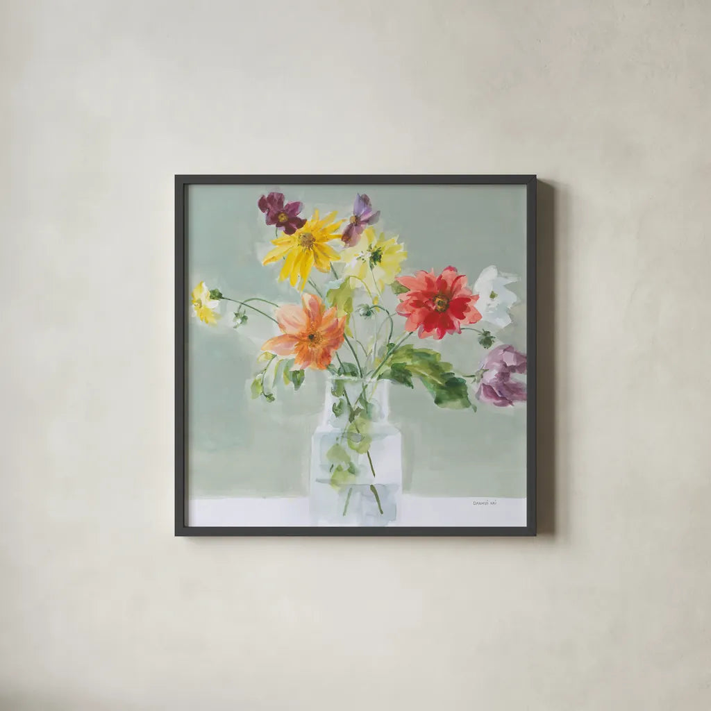 Wild About Wildflowers by Danhui Nai. Shown in a sleek black glass frame for a contemporary gallery look. Available as an archival giclee rolled canvas, fine art paper, or poster print. SKU 85891a.
