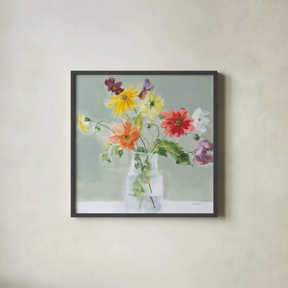 Wild About Wildflowers by Danhui Nai. Shown in a sleek black glass frame for a contemporary gallery look. Available as an archival giclee rolled canvas, fine art paper, or poster print. SKU 85891a.