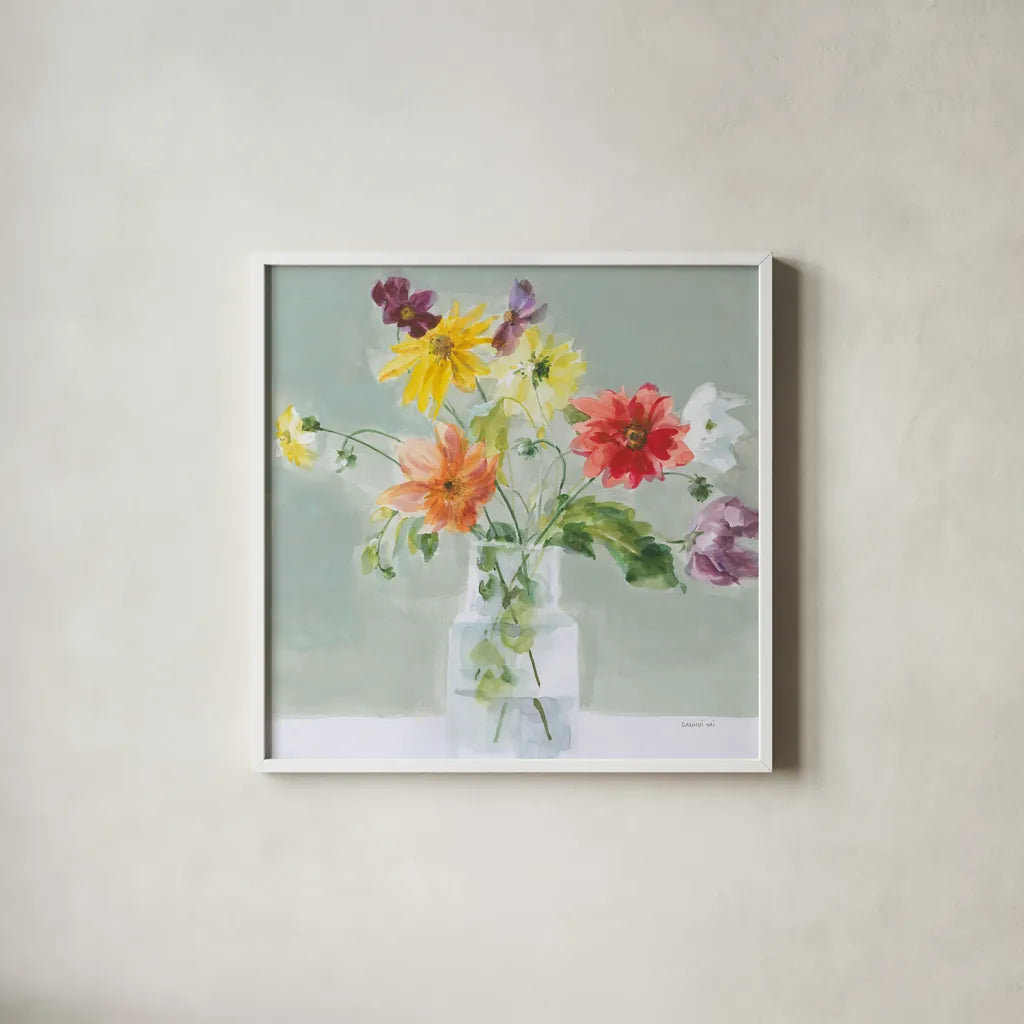 Wild About Wildflowers by Danhui Nai. Shown in a crisp white glass frame for a clean and minimalist style. Available as an archival giclee rolled canvas, fine art paper, or poster print. SKU 85891a.