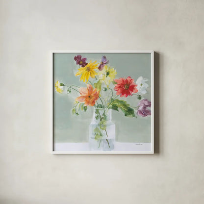 Wild About Wildflowers by Danhui Nai. Shown in a crisp white glass frame for a clean and minimalist style. Available as an archival giclee rolled canvas, fine art paper, or poster print. SKU 85891a.