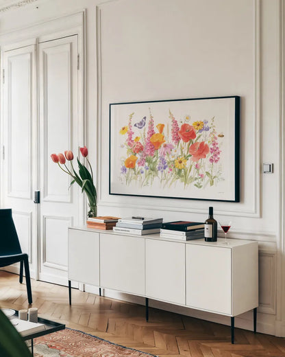 Wildflowers in Bloom I by Danhui Nai. shown as a framed stretched canvas in a living room above a console. Available as a archival giclee rolled canvas, fine art paper, or poster print. SKU 72790i.