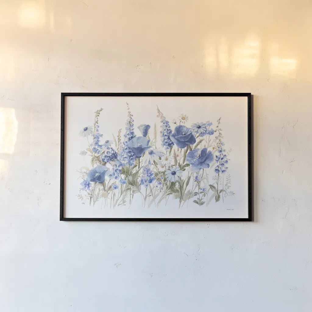 Wildflowers in Bloom I Blue by Danhui Nai. shown as a paper print in a black flame. Available as a archival giclee rolled canvas, fine art paper, or poster print. SKU 74499i.