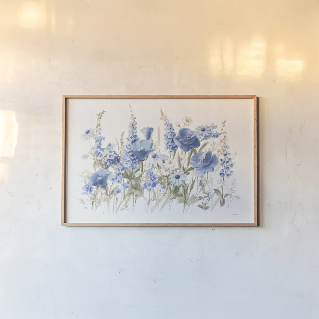 Wildflowers in Bloom I Blue by Danhui Nai. shown as a paper print in a natural frame. Available as a archival giclee rolled canvas, fine art paper, or poster print. SKU 74499i.