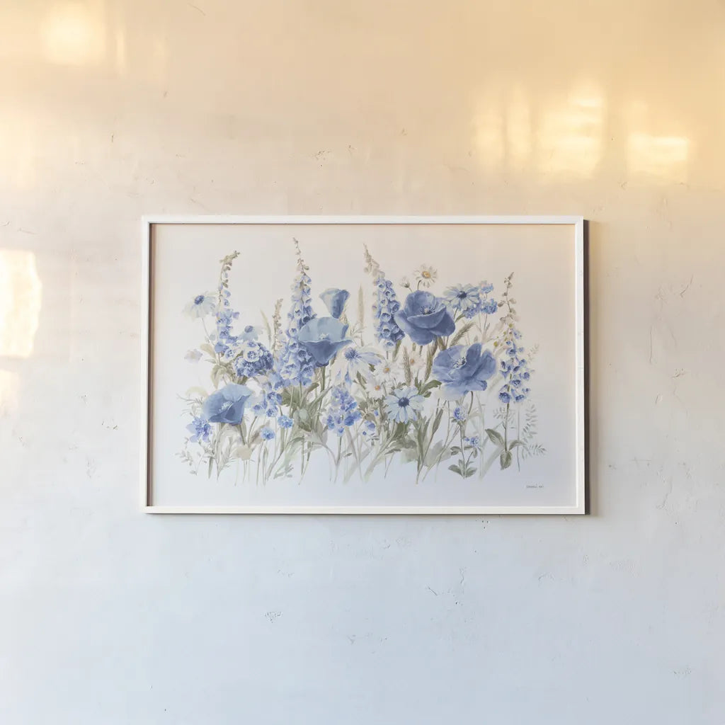 Wildflowers in Bloom I Blue by Danhui Nai. shown as a paper print in a white frame. Available as a archival giclee rolled canvas, fine art paper, or poster print. SKU 74499i.