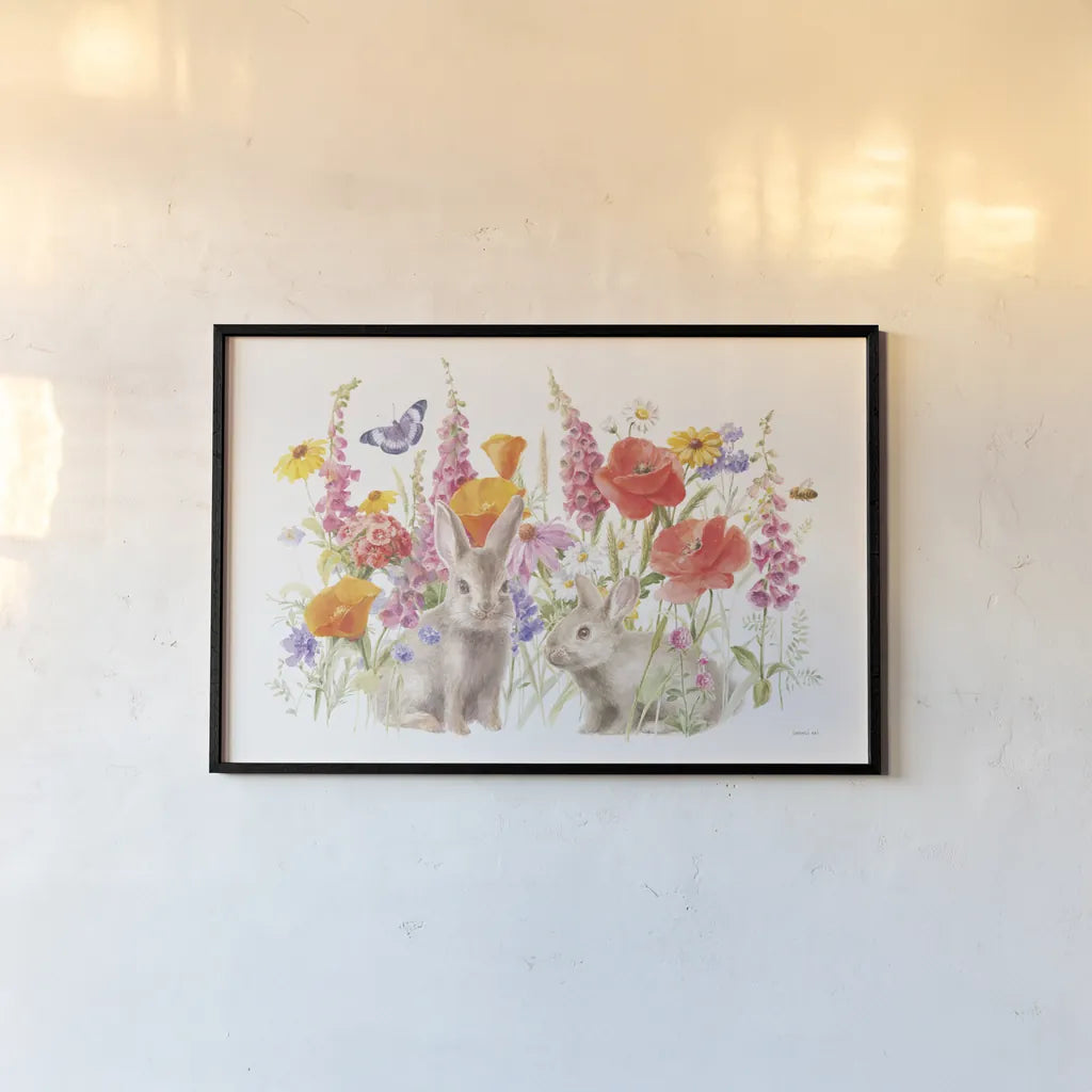 Wildflowers in Bloom I Bunny by Danhui Nai. shown as a paper print in a black flame. Available as a archival giclee rolled canvas, fine art paper, or poster print. SKU 72795i.