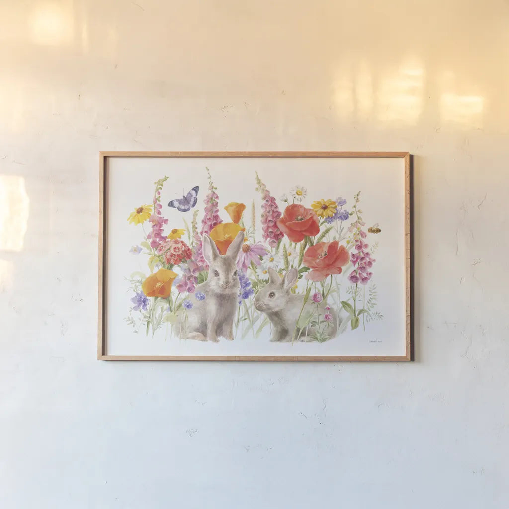 Wildflowers in Bloom I Bunny by Danhui Nai. shown as a paper print in a natural frame. Available as a archival giclee rolled canvas, fine art paper, or poster print. SKU 72795i.