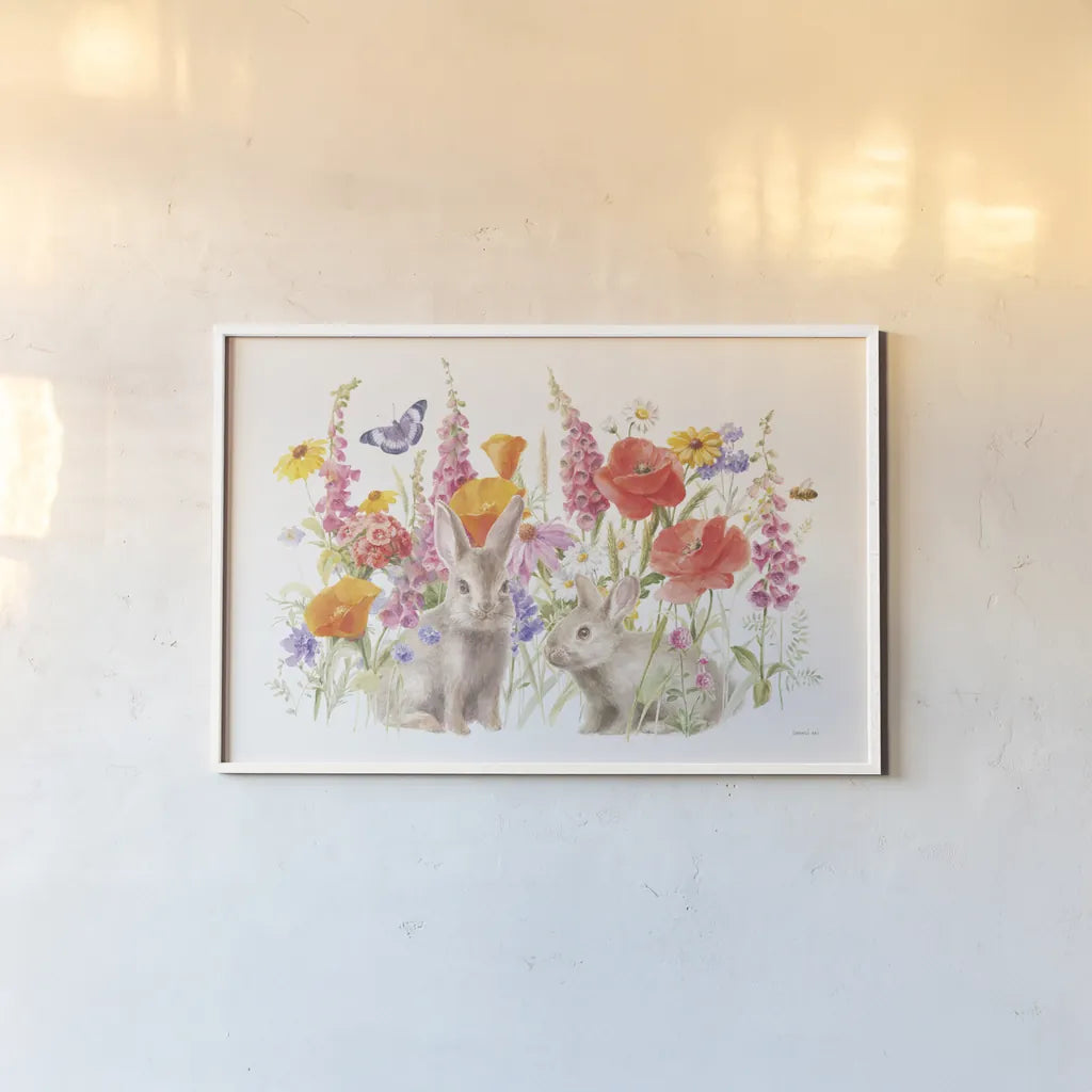 Wildflowers in Bloom I Bunny by Danhui Nai. shown as a paper print in a white frame. Available as a archival giclee rolled canvas, fine art paper, or poster print. SKU 72795i.