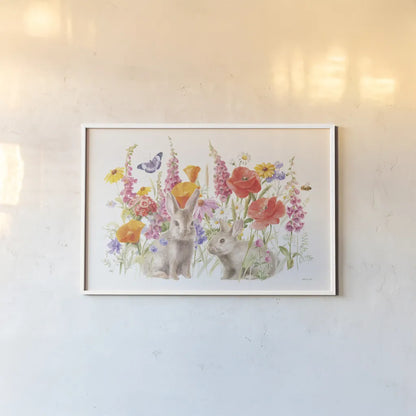 Wildflowers in Bloom I Bunny by Danhui Nai. shown as a paper print in a white frame. Available as a archival giclee rolled canvas, fine art paper, or poster print. SKU 72795i.