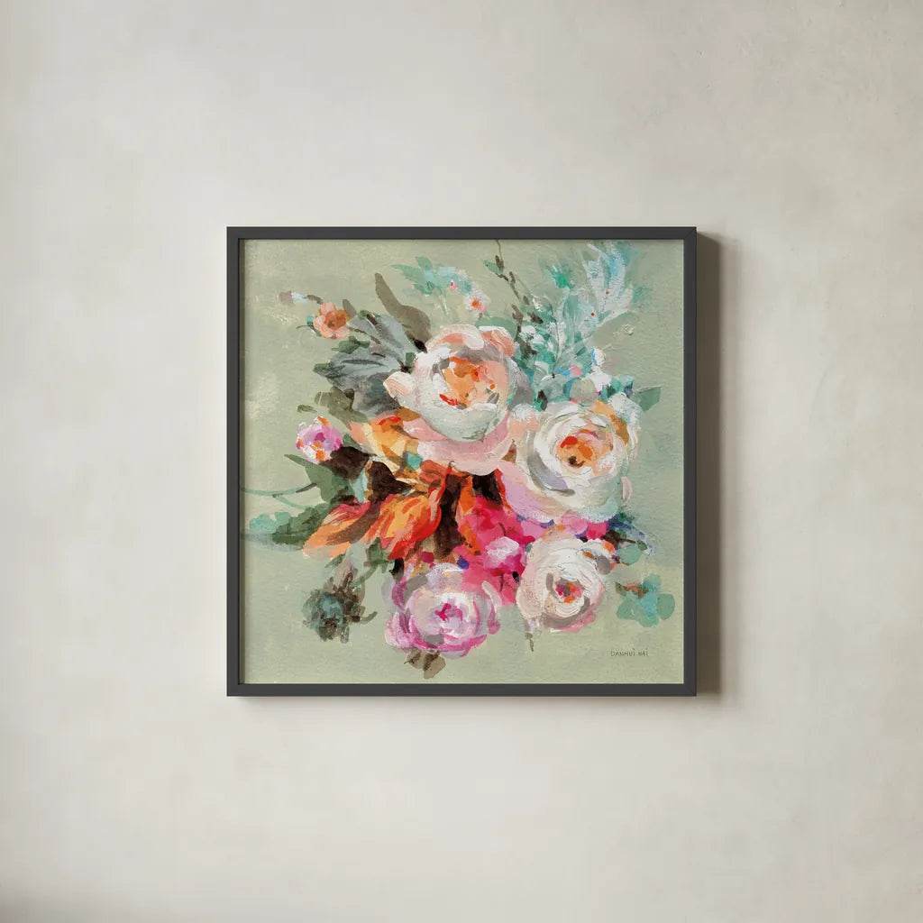 Windblown Blooms I by Danhui Nai. Shown in a sleek black glass frame for a contemporary gallery look. Available as an archival giclee rolled canvas, fine art paper, or poster print. SKU 67554a.