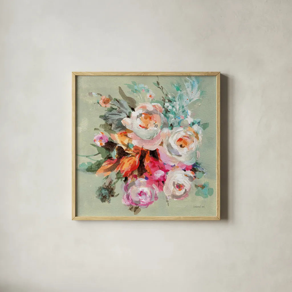 Windblown Blooms I by Danhui Nai. Shown in a natural wood glass frame for a timeless modern aesthetic. Available as an archival giclee rolled canvas, fine art paper, or poster print. SKU 67554a.
