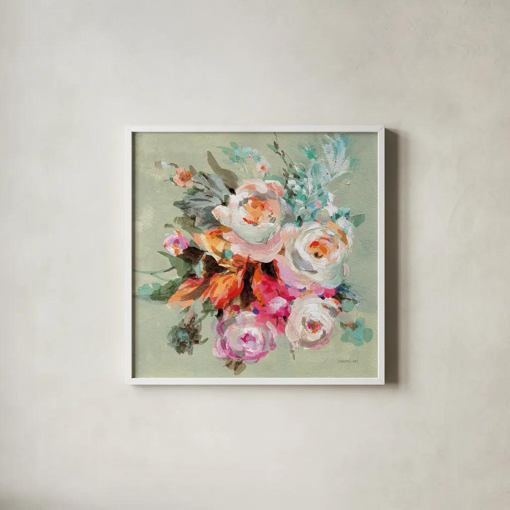 Windblown Blooms I by Danhui Nai. Shown in a crisp white glass frame for a clean and minimalist style. Available as an archival giclee rolled canvas, fine art paper, or poster print. SKU 67554a.