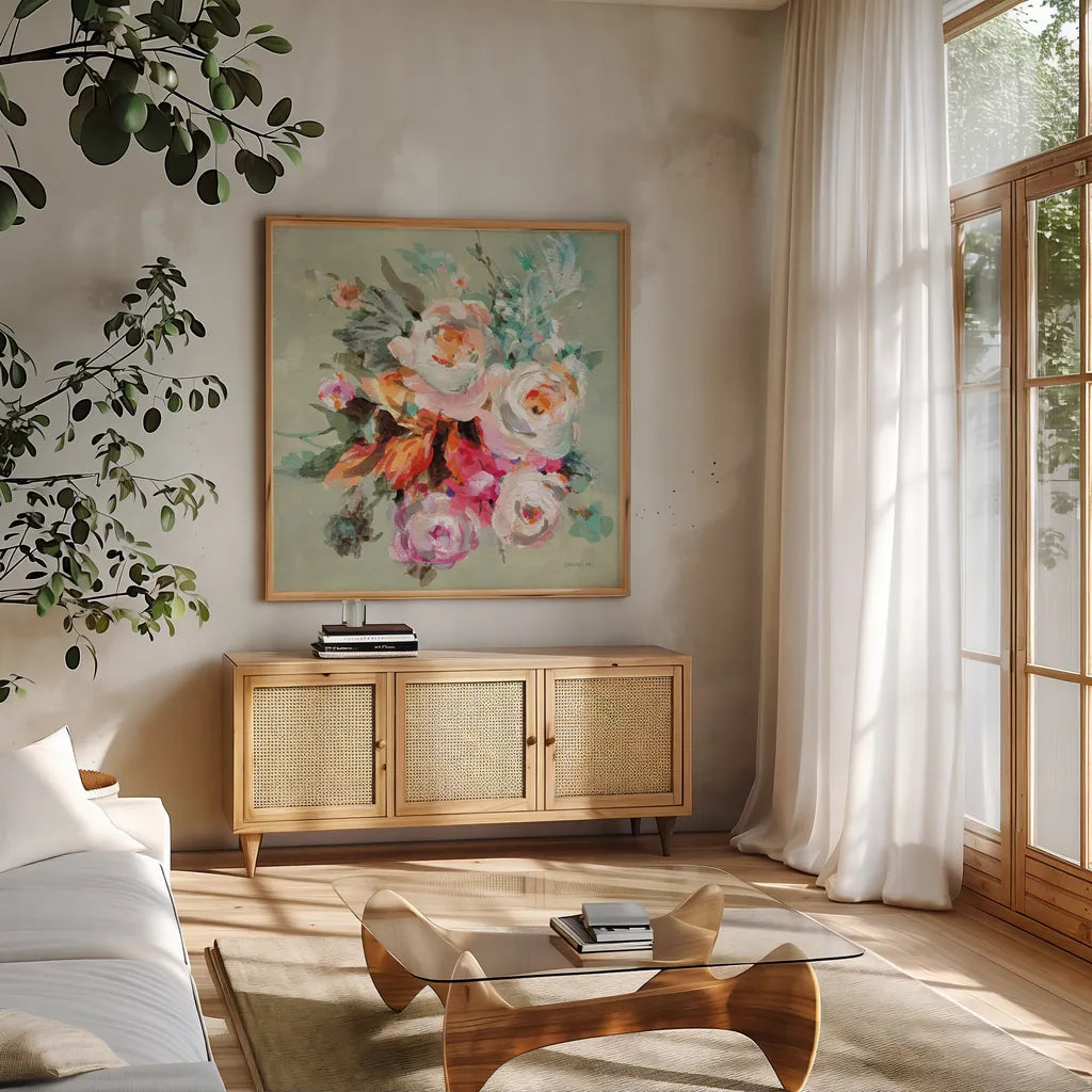 Windblown Blooms I by Danhui Nai. Shown in a natural wood frame in a cozy modern living room. Available as an archival giclee rolled canvas, fine art paper, or poster print. SKU 67554a.
