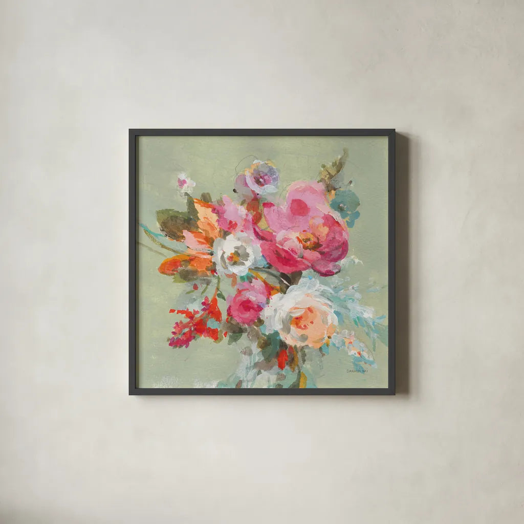 Windblown Blooms II by Danhui Nai. Shown in a sleek black glass frame for a contemporary gallery look. Available as an archival giclee rolled canvas, fine art paper, or poster print. SKU 67555a.