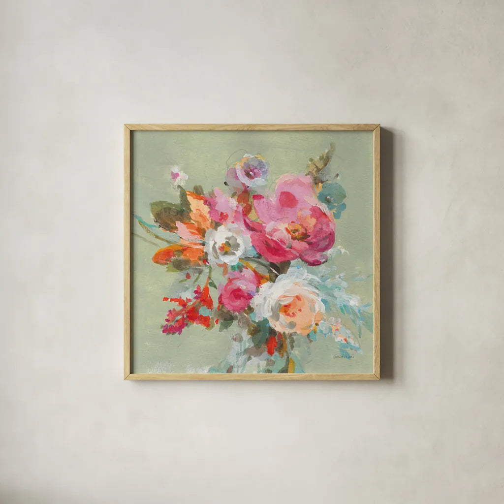 Windblown Blooms II by Danhui Nai. Shown in a natural wood glass frame for a timeless modern aesthetic. Available as an archival giclee rolled canvas, fine art paper, or poster print. SKU 67555a.
