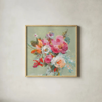 Windblown Blooms II by Danhui Nai. Shown in a natural wood glass frame for a timeless modern aesthetic. Available as an archival giclee rolled canvas, fine art paper, or poster print. SKU 67555a.