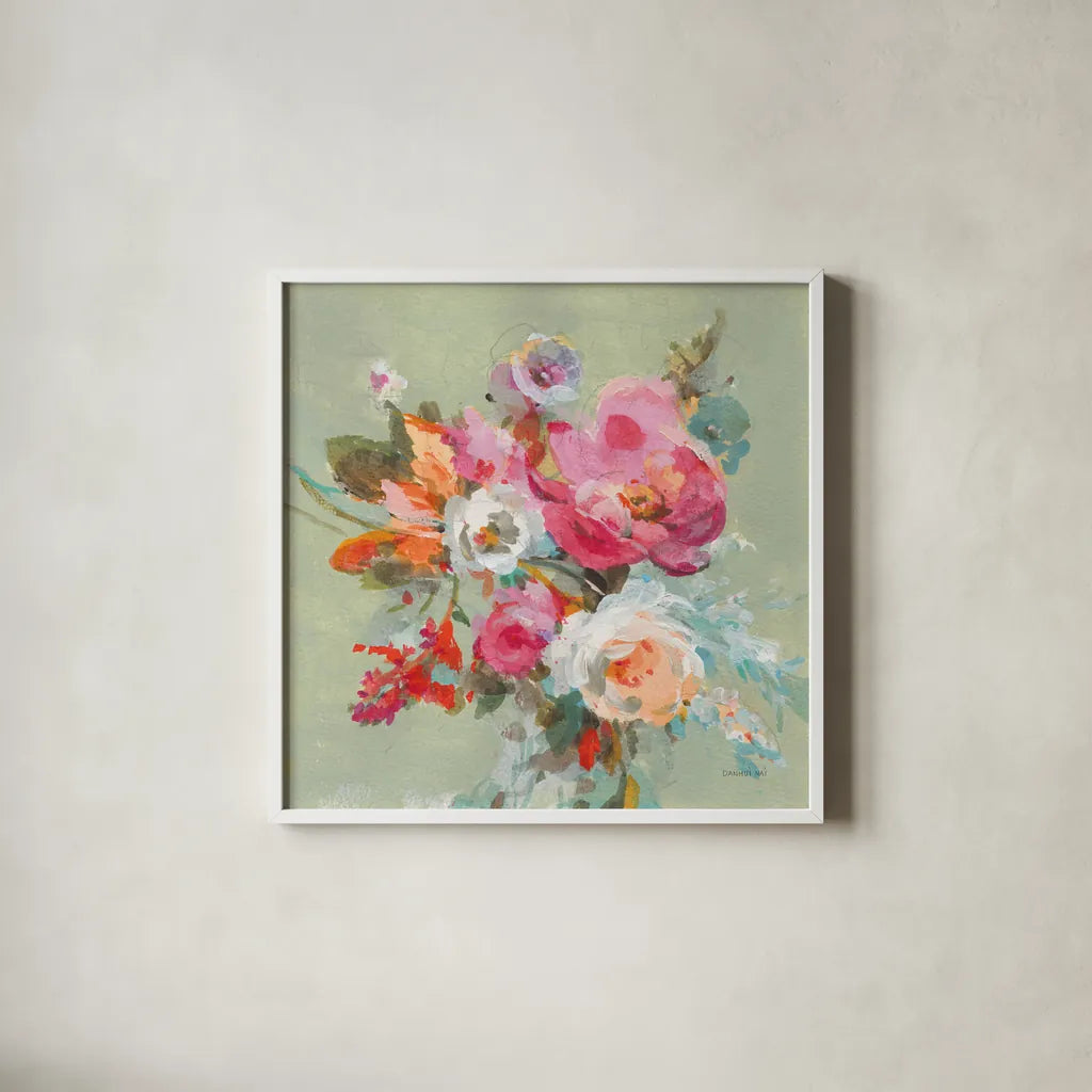 Windblown Blooms II by Danhui Nai. Shown in a crisp white glass frame for a clean and minimalist style. Available as an archival giclee rolled canvas, fine art paper, or poster print. SKU 67555a.