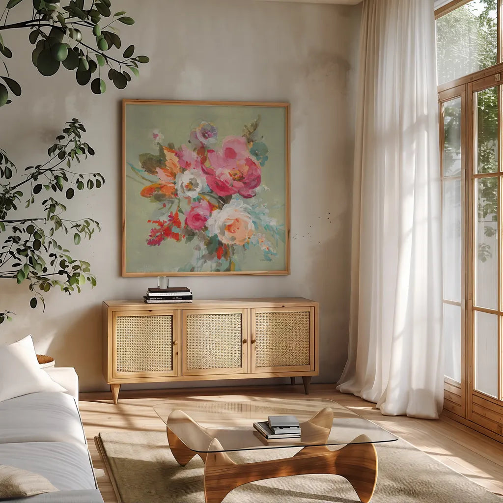 Windblown Blooms II by Danhui Nai. Shown in a natural wood frame in a cozy modern living room. Available as an archival giclee rolled canvas, fine art paper, or poster print. SKU 67555a.
