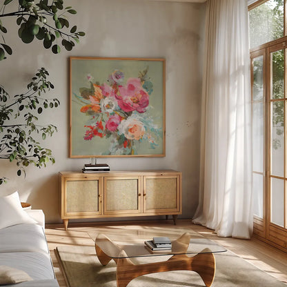 Windblown Blooms II by Danhui Nai. Shown in a natural wood frame in a cozy modern living room. Available as an archival giclee rolled canvas, fine art paper, or poster print. SKU 67555a.