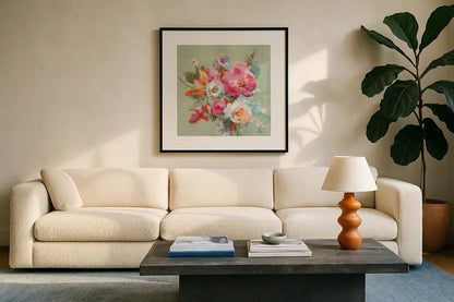 Windblown Blooms II by Danhui Nai. Displayed in a glass frame with matte in a clean modern living room. Available as an archival giclee rolled canvas, fine art paper, or poster print. SKU 67555a.
