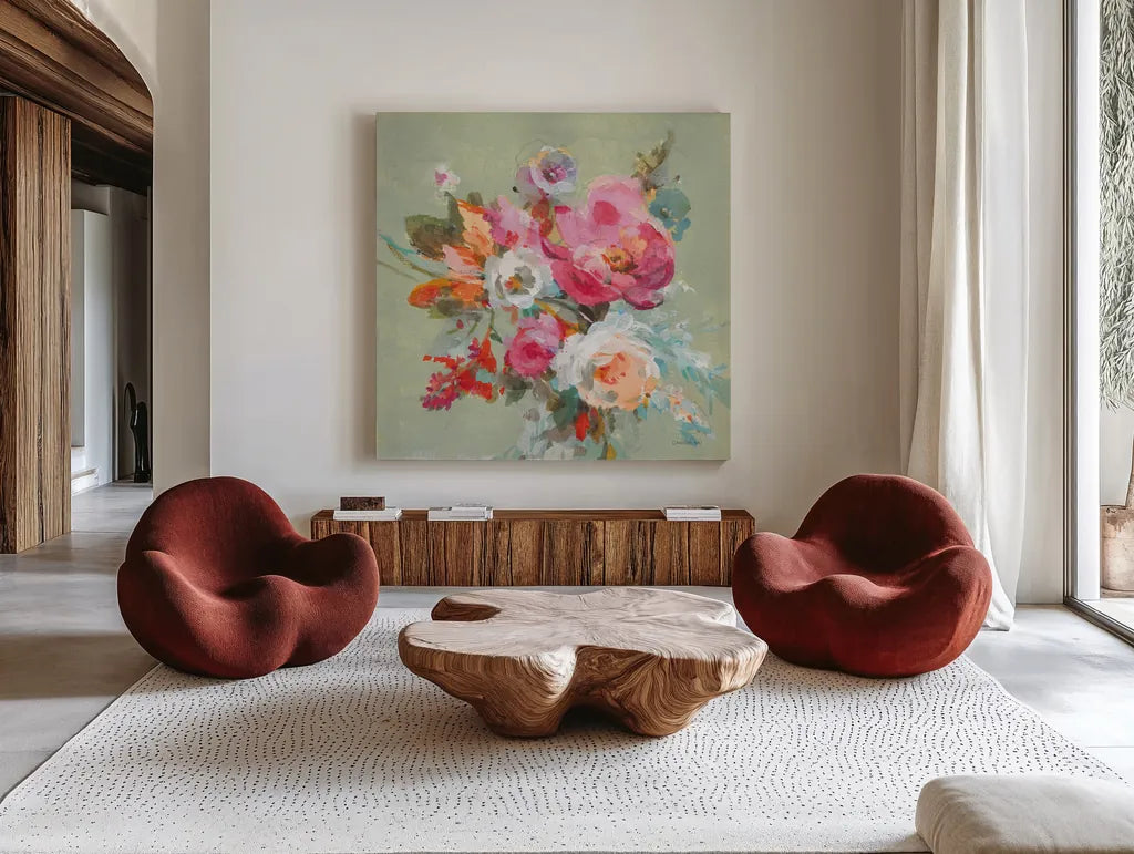 Windblown Blooms II by Danhui Nai. Shown as extra-large giant wall art in a modern living room. Available as an archival giclee rolled canvas, fine art paper, or poster print. SKU 67555a.