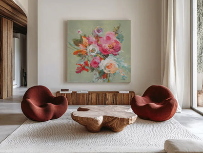 Windblown Blooms II by Danhui Nai. Shown as extra-large giant wall art in a modern living room. Available as an archival giclee rolled canvas, fine art paper, or poster print. SKU 67555a.