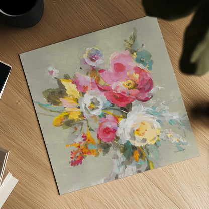 Windblown Blooms II Yellow Gray by Danhui Nai. Shown as a detailed flat fine art print, highlighting archival giclee quality. Available as an archival giclee rolled canvas, fine art paper, or poster print. SKU 68771a.