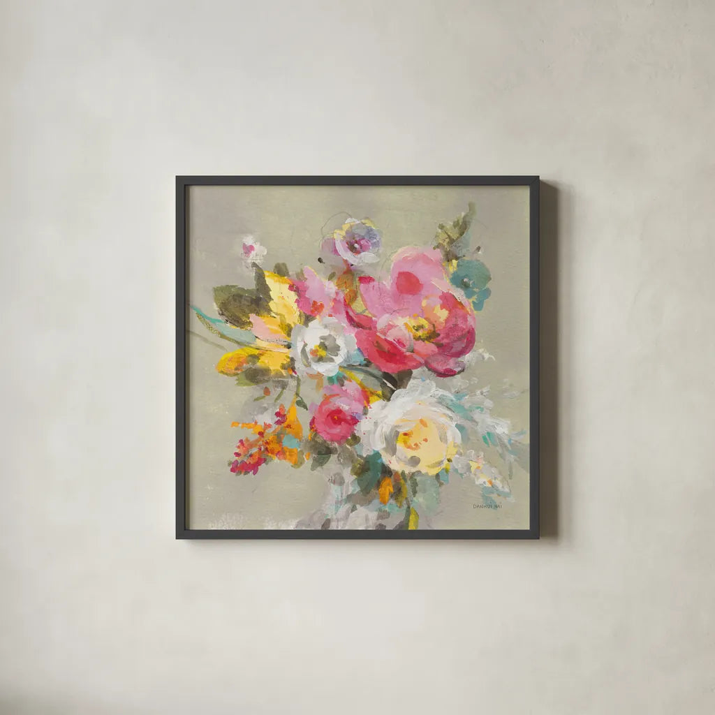 Windblown Blooms II Yellow Gray by Danhui Nai. Shown in a sleek black glass frame for a contemporary gallery look. Available as an archival giclee rolled canvas, fine art paper, or poster print. SKU 68771a.