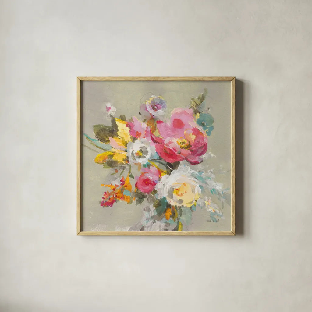 Windblown Blooms II Yellow Gray by Danhui Nai. Shown in a natural wood glass frame for a timeless modern aesthetic. Available as an archival giclee rolled canvas, fine art paper, or poster print. SKU 68771a.