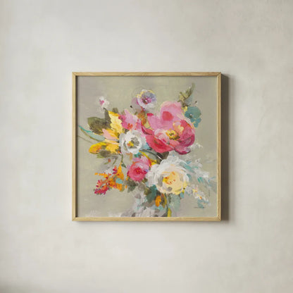 Windblown Blooms II Yellow Gray by Danhui Nai. Shown in a natural wood glass frame for a timeless modern aesthetic. Available as an archival giclee rolled canvas, fine art paper, or poster print. SKU 68771a.