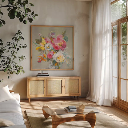 Windblown Blooms II Yellow Gray by Danhui Nai. Shown in a natural wood frame in a cozy modern living room. Available as an archival giclee rolled canvas, fine art paper, or poster print. SKU 68771a.