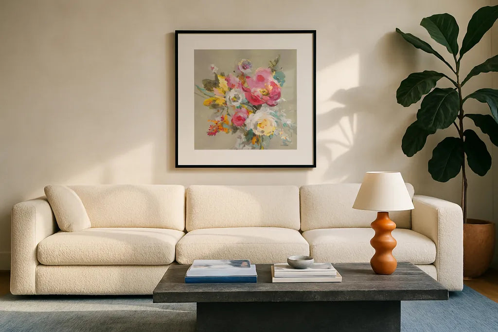 Windblown Blooms II Yellow Gray by Danhui Nai. Displayed in a glass frame with matte in a clean modern living room. Available as an archival giclee rolled canvas, fine art paper, or poster print. SKU 68771a.