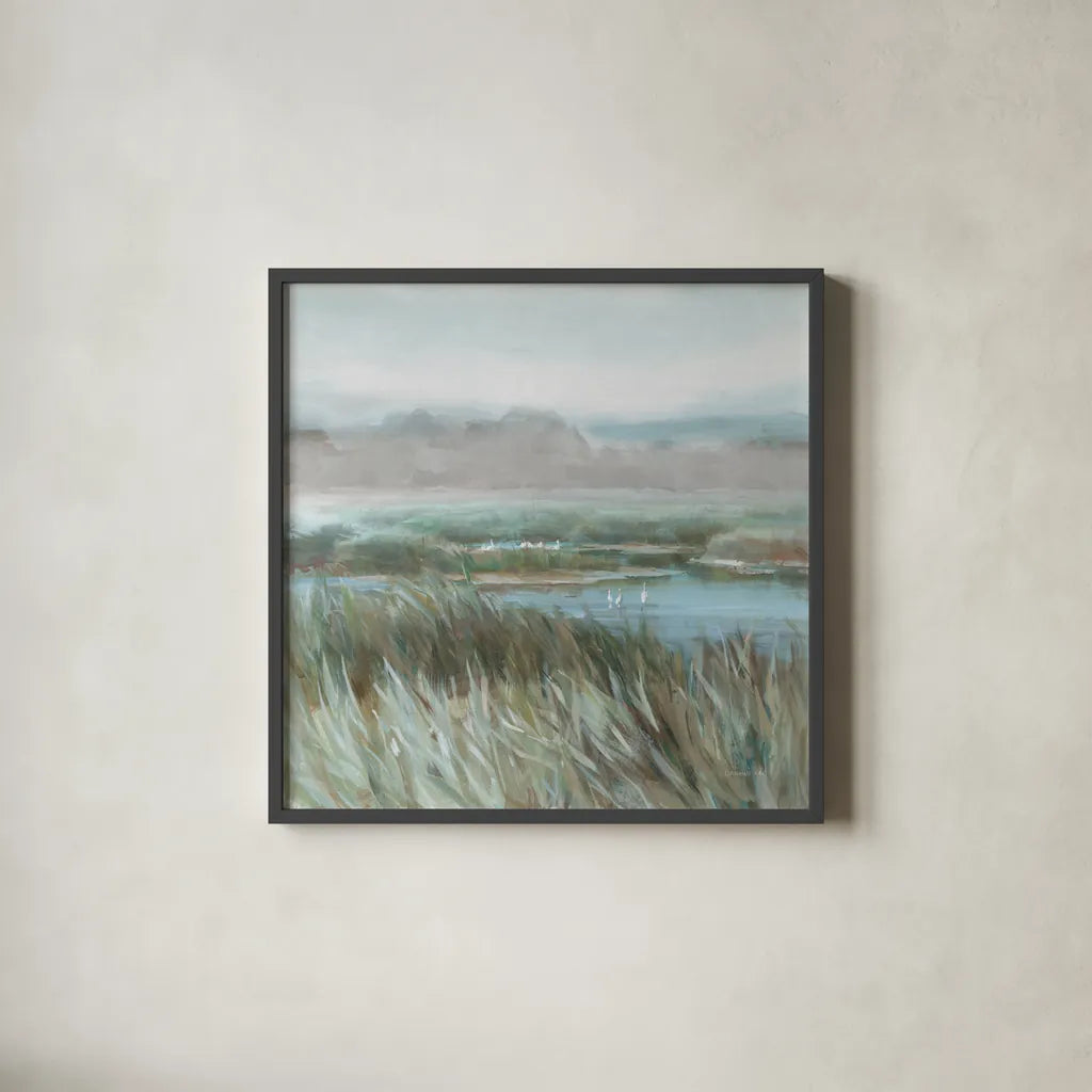 Winged Sanctuary by Danhui Nai. Shown in a sleek black glass frame for a contemporary gallery look. Available as an archival giclee rolled canvas, fine art paper, or poster print. SKU 81741a.