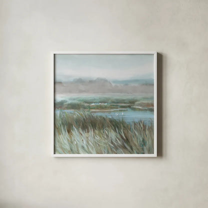 Winged Sanctuary by Danhui Nai. Shown in a crisp white glass frame for a clean and minimalist style. Available as an archival giclee rolled canvas, fine art paper, or poster print. SKU 81741a.