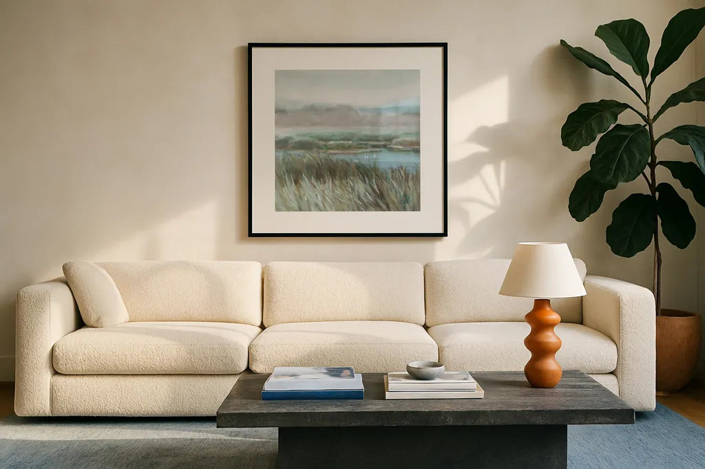 Winged Sanctuary by Danhui Nai. Displayed in a glass frame with matte in a clean modern living room. Available as an archival giclee rolled canvas, fine art paper, or poster print. SKU 81741a.