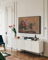 Winter Hydrangea by Danhui Nai. shown as a framed stretched canvas in a living room above a console. Available as a archival giclee rolled canvas, fine art paper, or poster print. SKU 5606i.