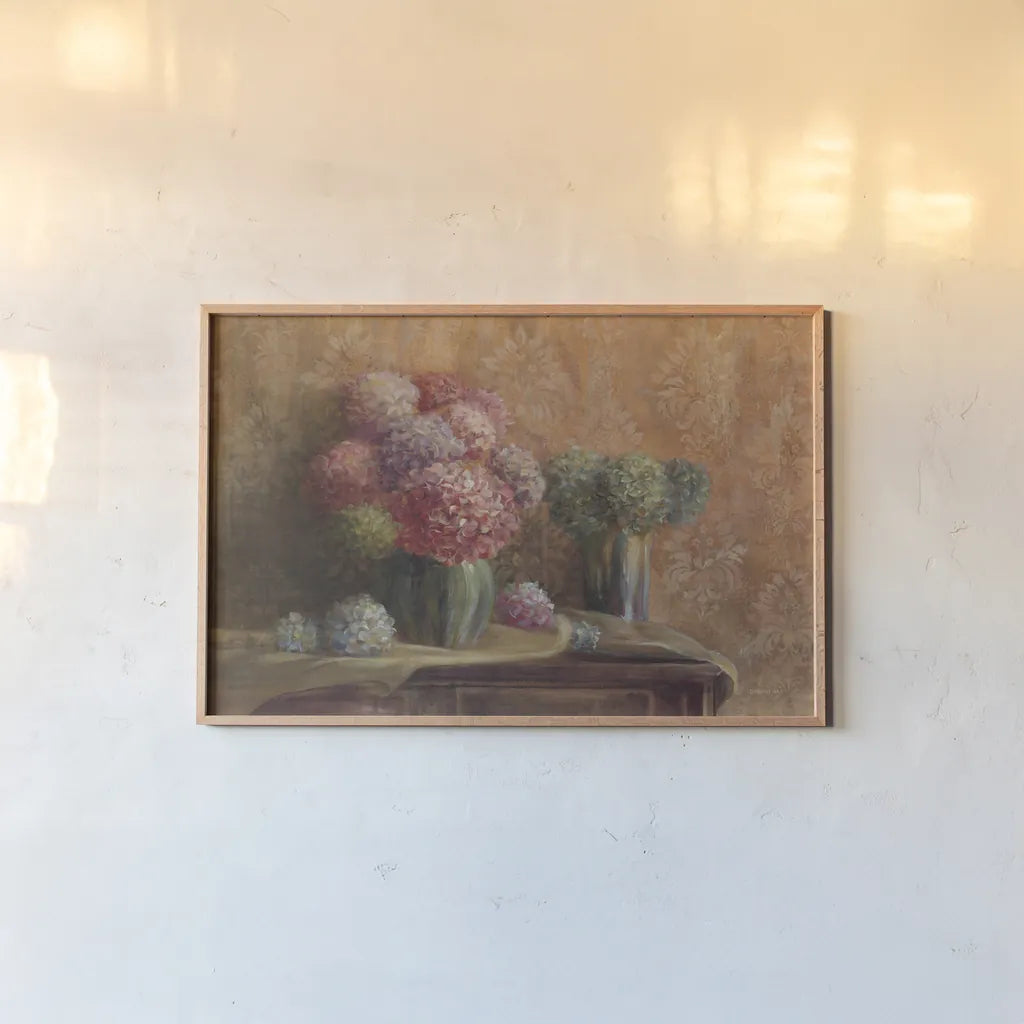 Winter Hydrangea by Danhui Nai. shown as a paper print in a natural frame. Available as a archival giclee rolled canvas, fine art paper, or poster print. SKU 5606i.