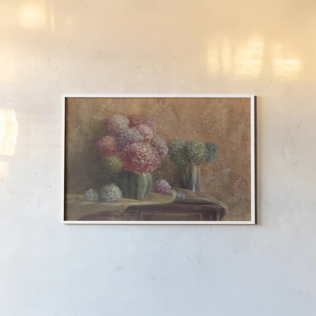 Winter Hydrangea by Danhui Nai. shown as a paper print in a white frame. Available as a archival giclee rolled canvas, fine art paper, or poster print. SKU 5606i.