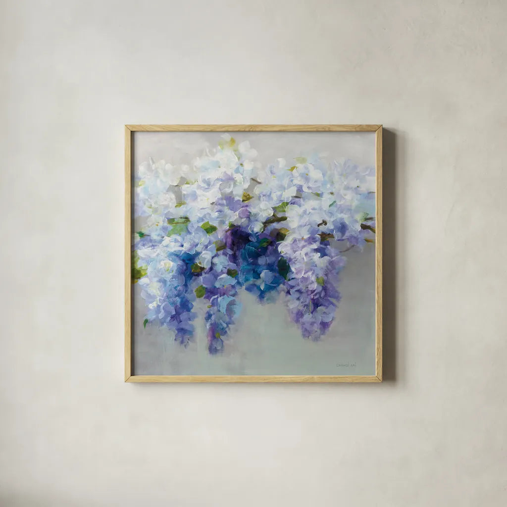 Wisteria by Danhui Nai. Shown in a natural wood glass frame for a timeless modern aesthetic. Available as an archival giclee rolled canvas, fine art paper, or poster print. SKU 45454a.