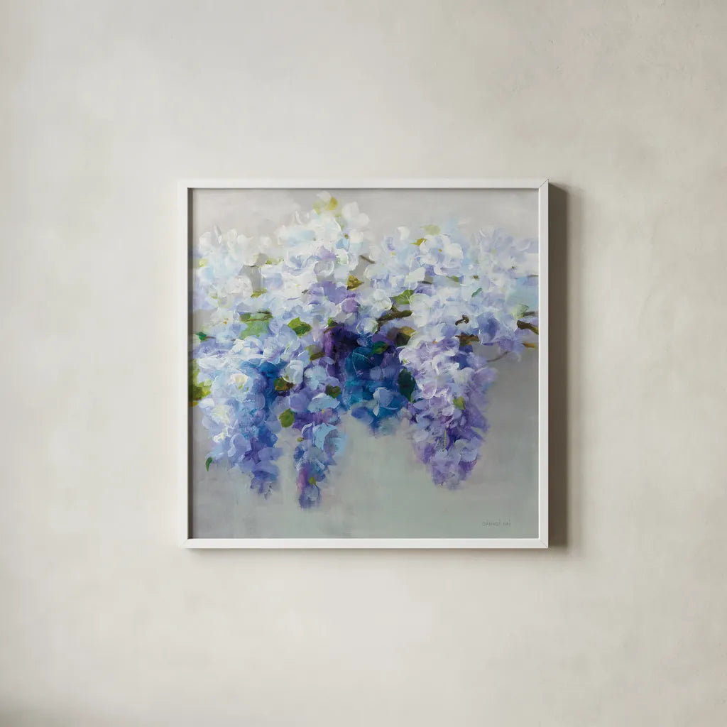 Wisteria by Danhui Nai. Shown in a crisp white glass frame for a clean and minimalist style. Available as an archival giclee rolled canvas, fine art paper, or poster print. SKU 45454a.