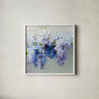 Wisteria by Danhui Nai. Shown in a crisp white glass frame for a clean and minimalist style. Available as an archival giclee rolled canvas, fine art paper, or poster print. SKU 45454a.