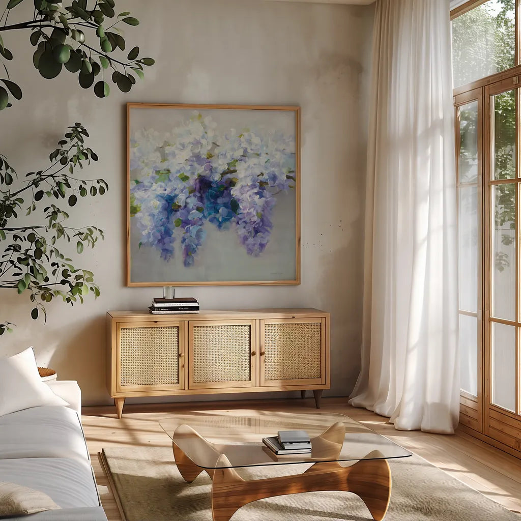 Wisteria by Danhui Nai. Shown in a natural wood frame in a cozy modern living room. Available as an archival giclee rolled canvas, fine art paper, or poster print. SKU 45454a.