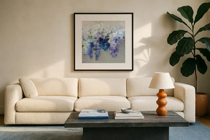 Wisteria by Danhui Nai. Displayed in a glass frame with matte in a clean modern living room. Available as an archival giclee rolled canvas, fine art paper, or poster print. SKU 45454a.
