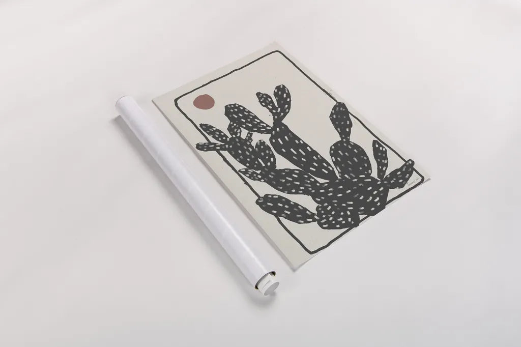 Woodcut Cactus I by Danhui Nai. shown as a rolled paper print. Available as archival giclee rolled canvas, fine art paper, or poster print. SKU 95297h.
