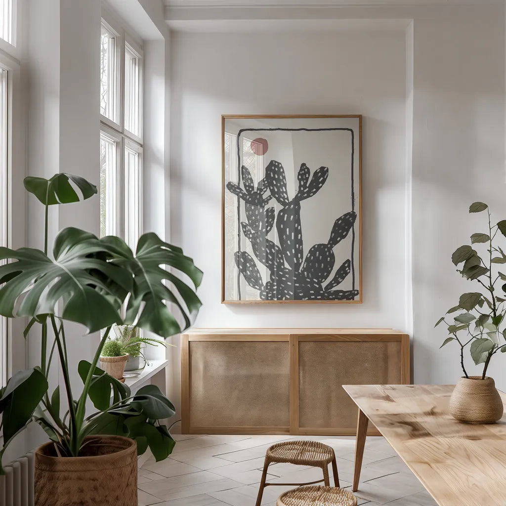 Woodcut Cactus I by Danhui Nai. shown as a print in a natural wood frame in a dining room. Available as a archival giclee rolled canvas, fine art paper, or poster print. SKU 95297h.