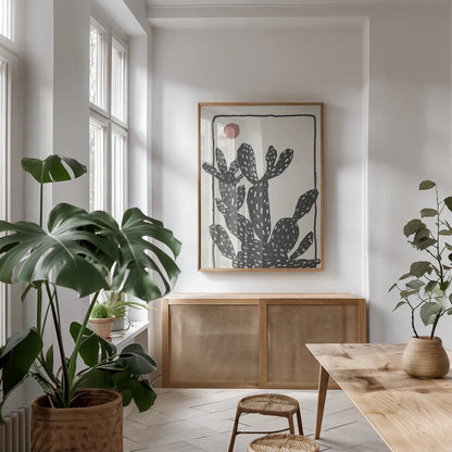 Woodcut Cactus I by Danhui Nai. shown as a print in a natural wood frame in a dining room. Available as a archival giclee rolled canvas, fine art paper, or poster print. SKU 95297h.